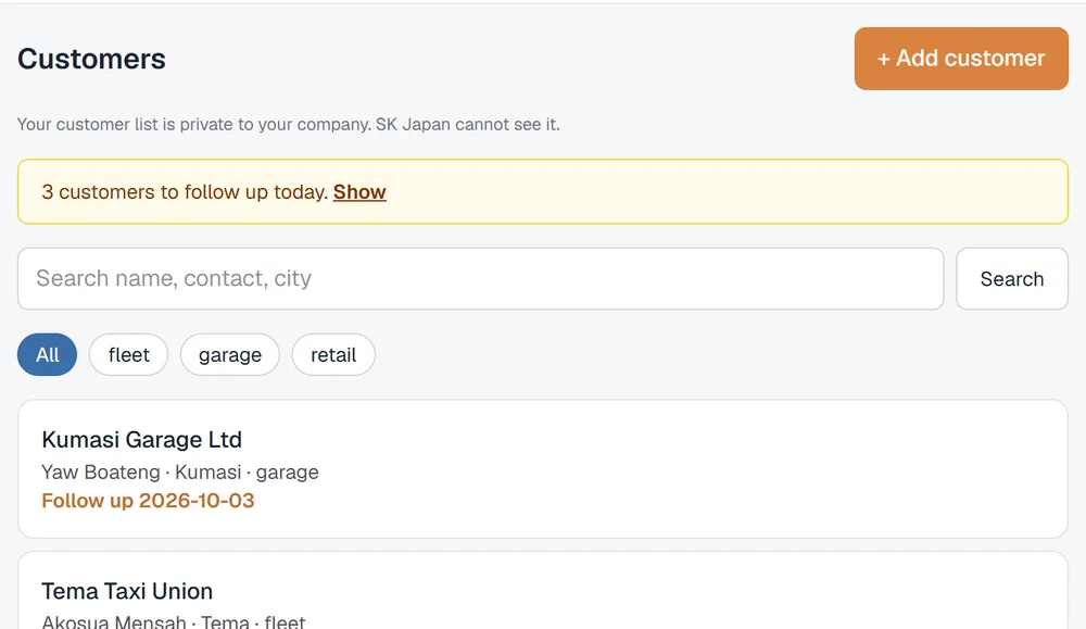 Customer list with follow-up dates
