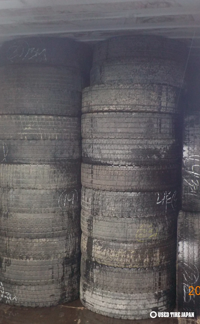 Used truck tires loaded for export from Japan, June 2026