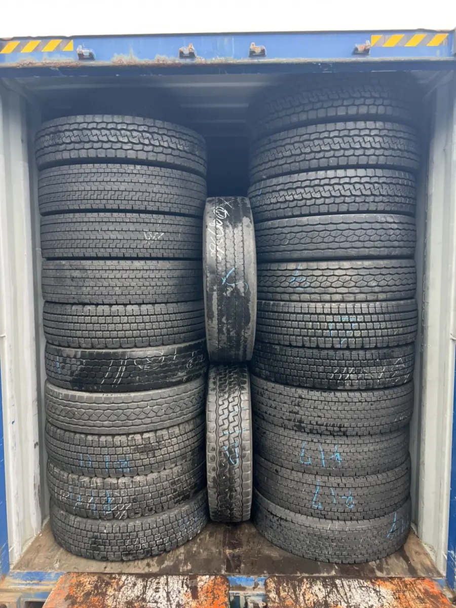 Truck and bus tires loaded in a 40ft container before the doors are sealed.