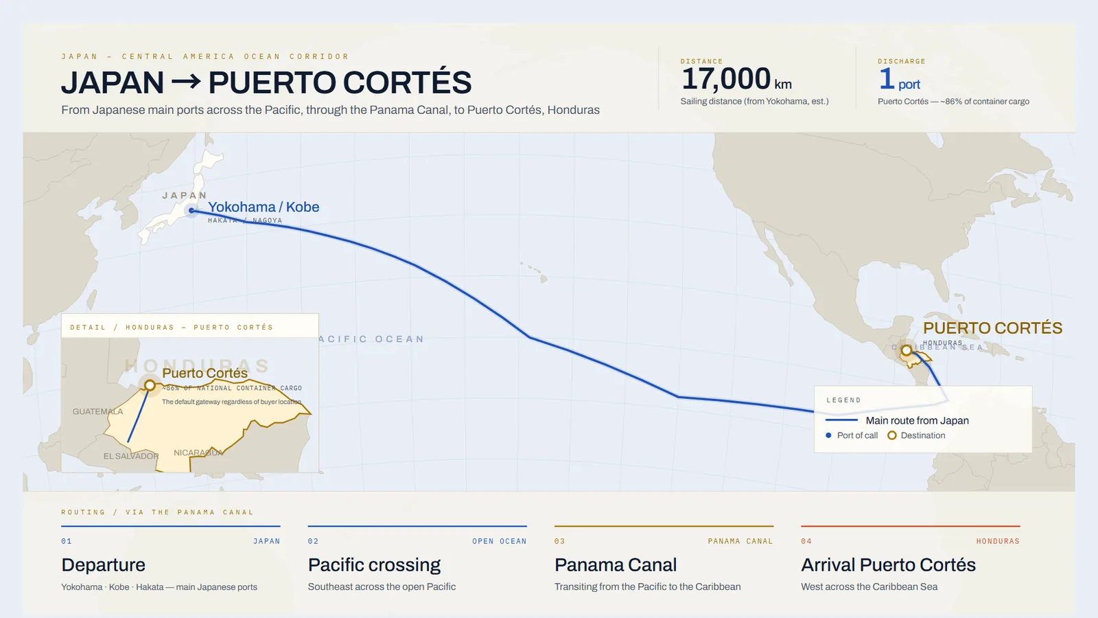 Ocean route map from Japan through the Panama Canal to Puerto Cortés, Honduras